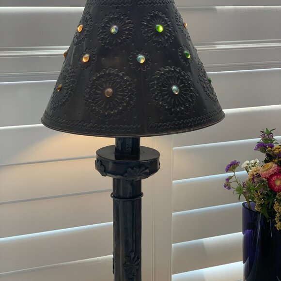 Vintage Handcrafted Mexican Punched Tin Table Lamp with Glass Marble Shade - Picture 7 of 11